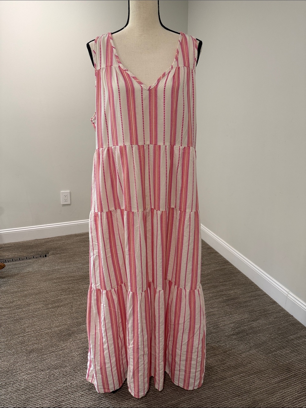 Tribal Pink and White Striped Tiered Maxi Dress